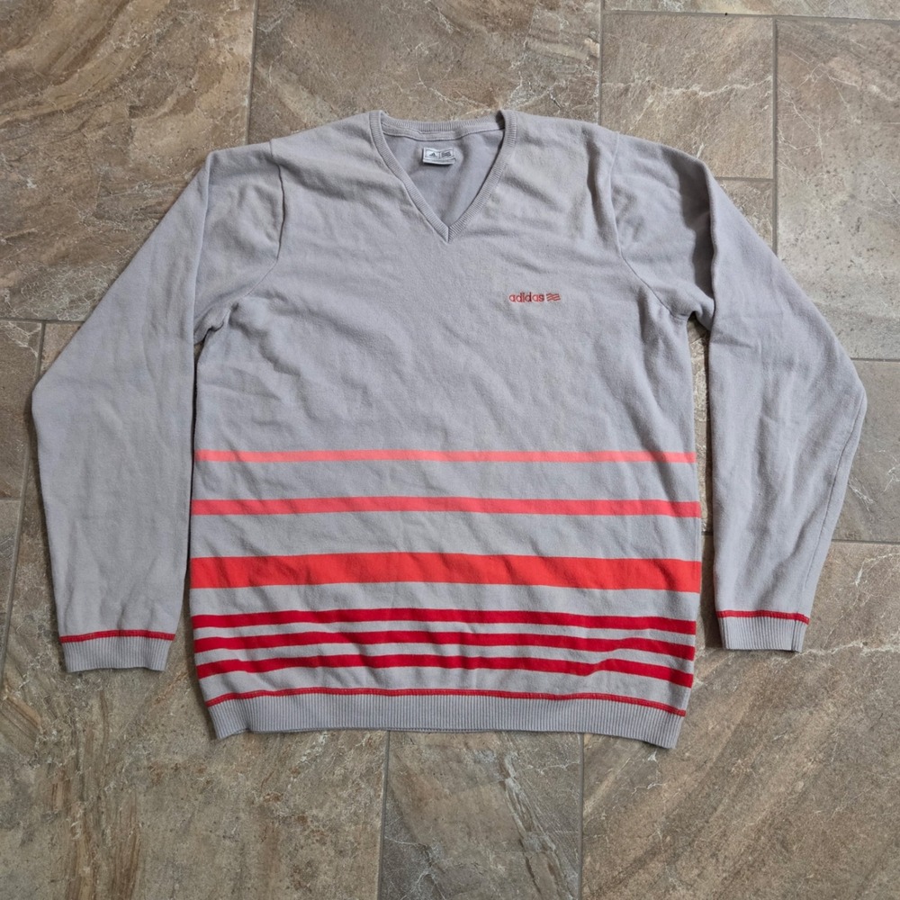 adidas Light Gray V-Neck Sweater with Red Stripes
